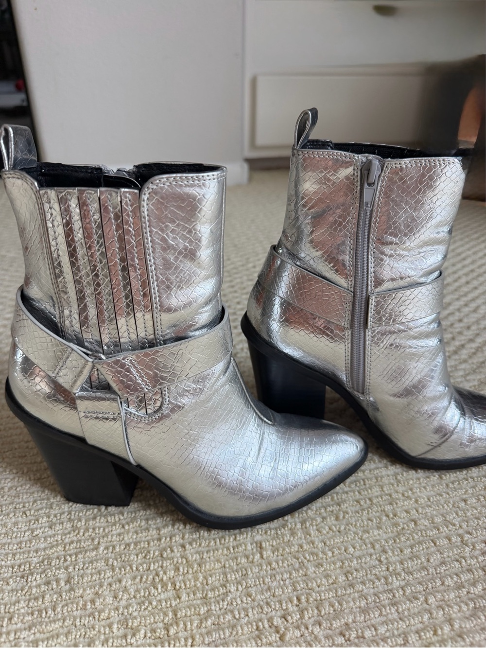 DV by Dolce Vita Metallic Silver Croc-Texture Western Heeled Ankle Boots